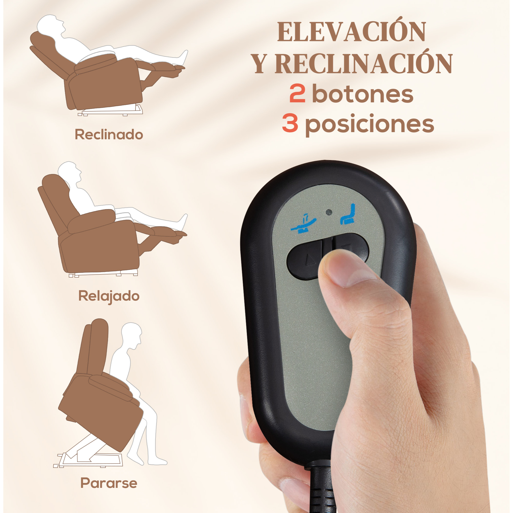 Sillón Relax Reclinable Eléctrico Levanta Personas, con Masaje Vibratorio y Calor, Sillón Elevador, con Control Remoto, Reposapiés, Tapizado en Cuero Sintético, Bolsillos, Marrón
