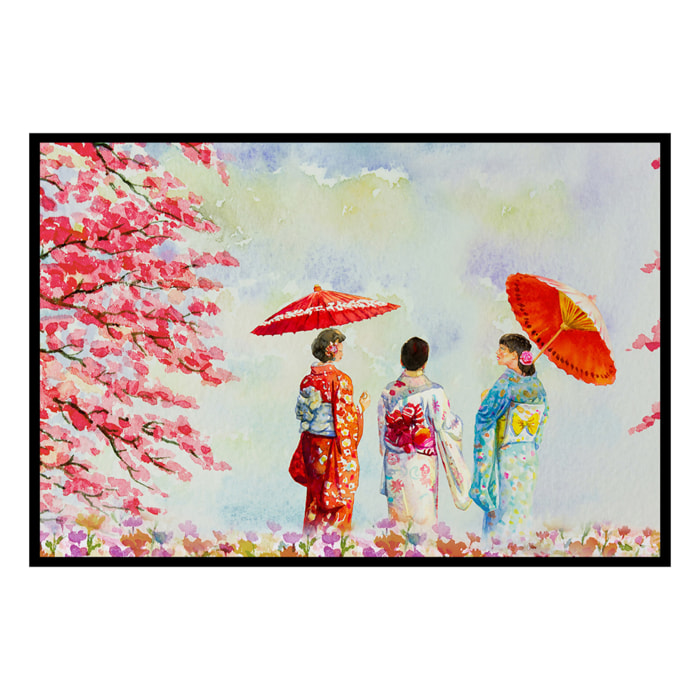 Affiche encadrée aquarelle japonaise et cerisiers Affiche + cadre en métal - Noir