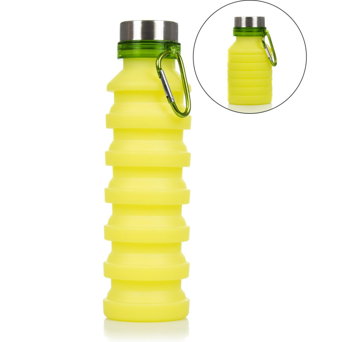 Botella deportiva plegable de silicona. 470 a 550ml, libre de BPA, tapón de rosca de acero inoxidable.