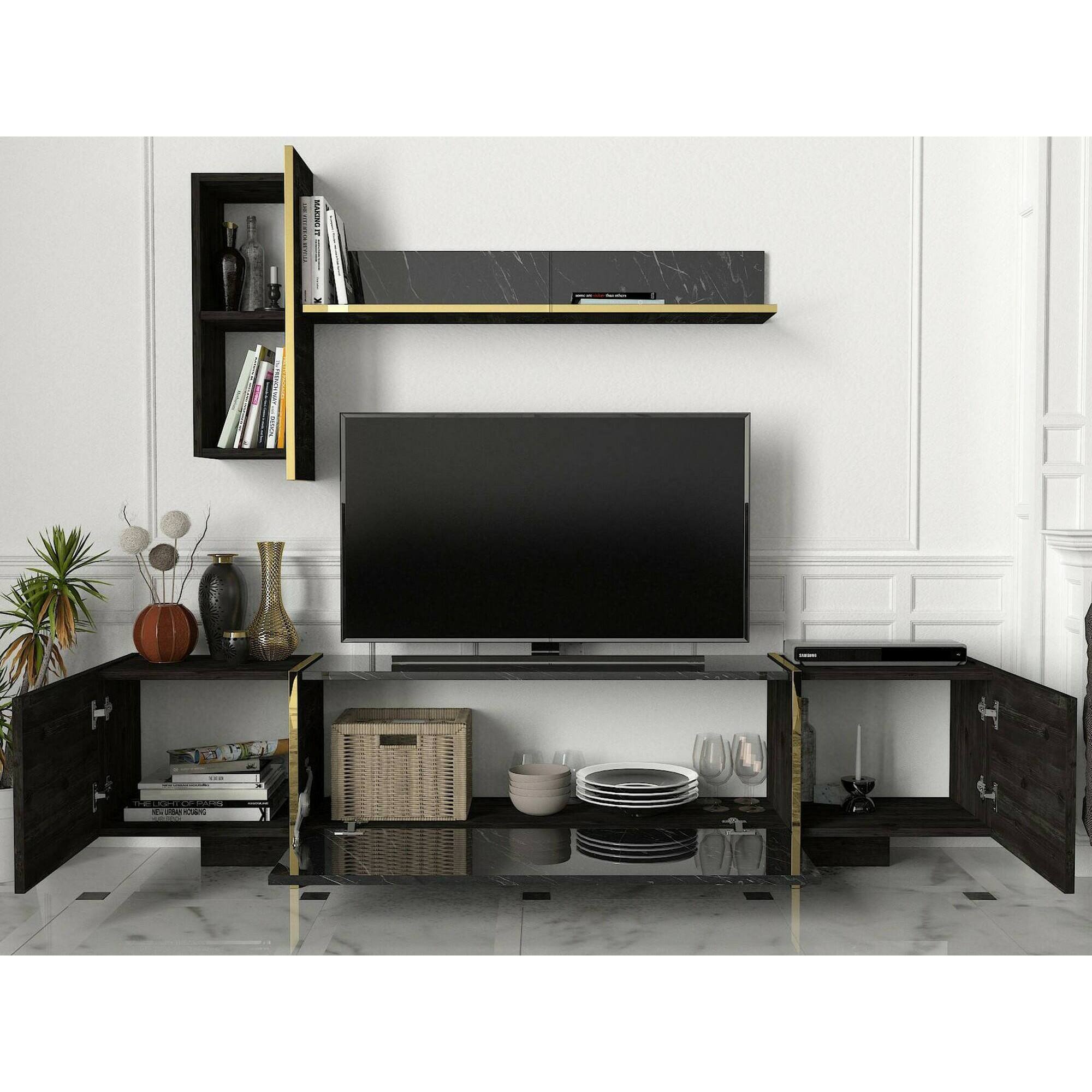 Mobile porta TV Dpascutt, Credenza da soggiorno, Armadio basso per TV, Base parete attrezzata, 180x32h45 cm, Nero e Oro