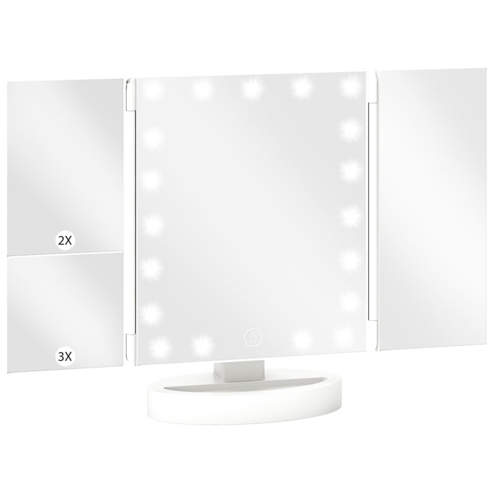 Espejo Maquillaje con Luz, Espejo Tocador Triple, con Aumento 1X/2X/3X, Rotación Libre de 180°, 21 Luces LED, Interruptor Táctil, Fuente de Alimentación Dual, Blanco