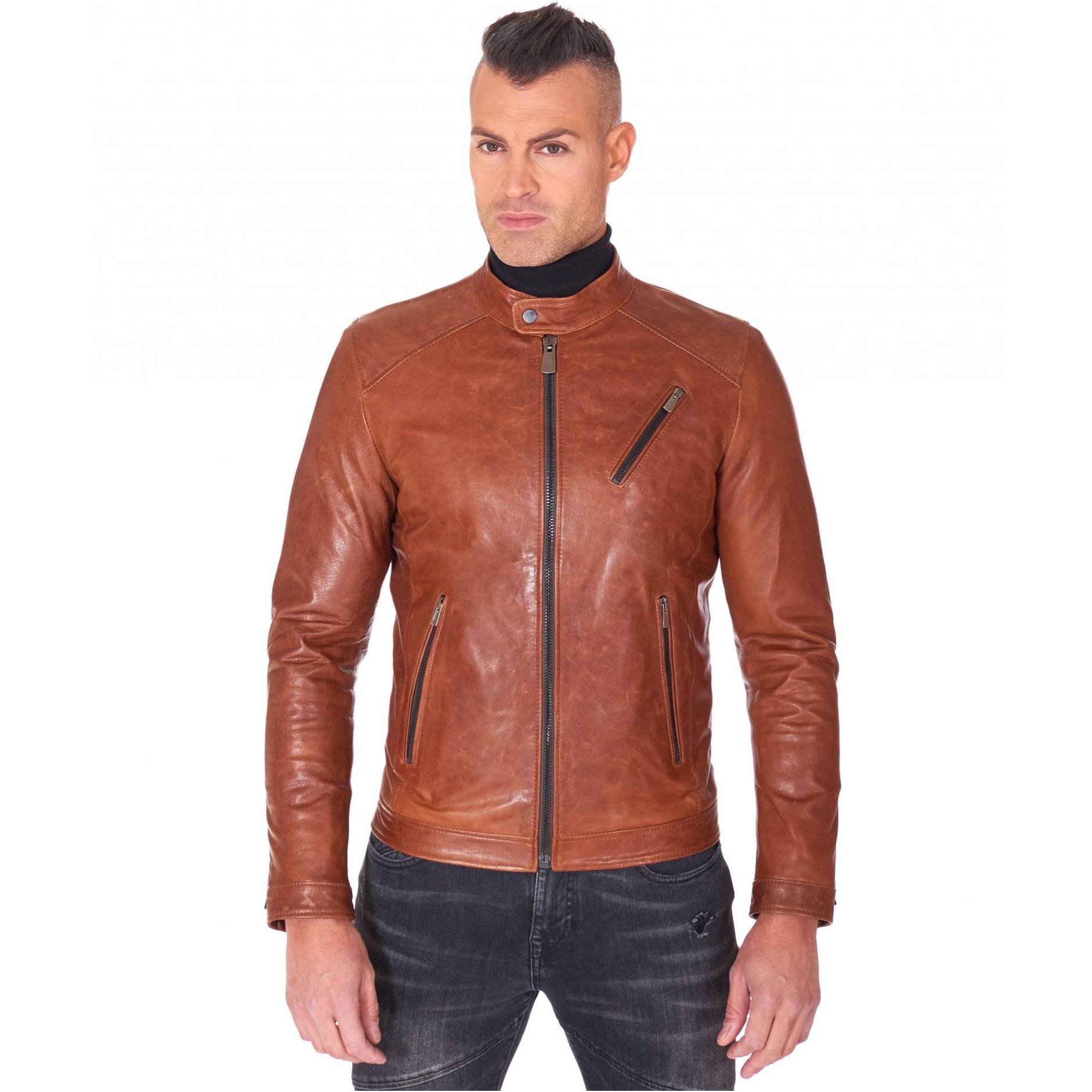 Giacca biker in pelle pull up color cuoio effetto vintage