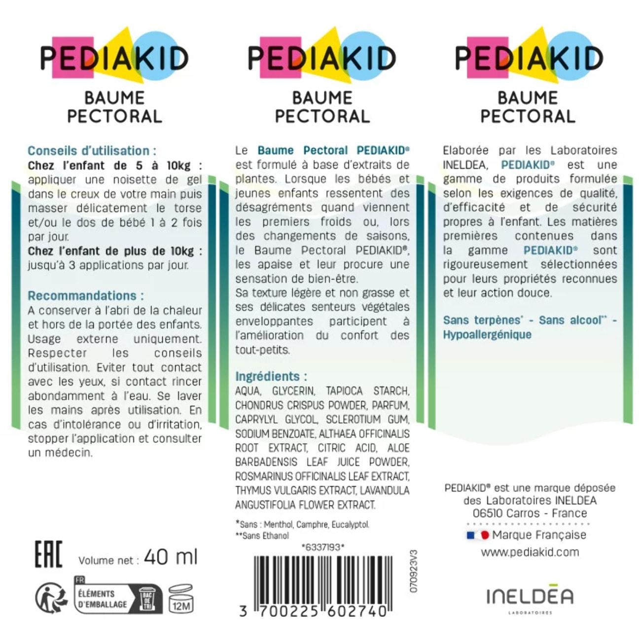 PEDIAKID - Baume Pectoral - Baume de massage confort bébés et jeunes enfants - Aux extraits de Thym, Lavande, Romarin et Mauve Blanche - Sans huiles essentielles - Convient aux bébés dès 5kg