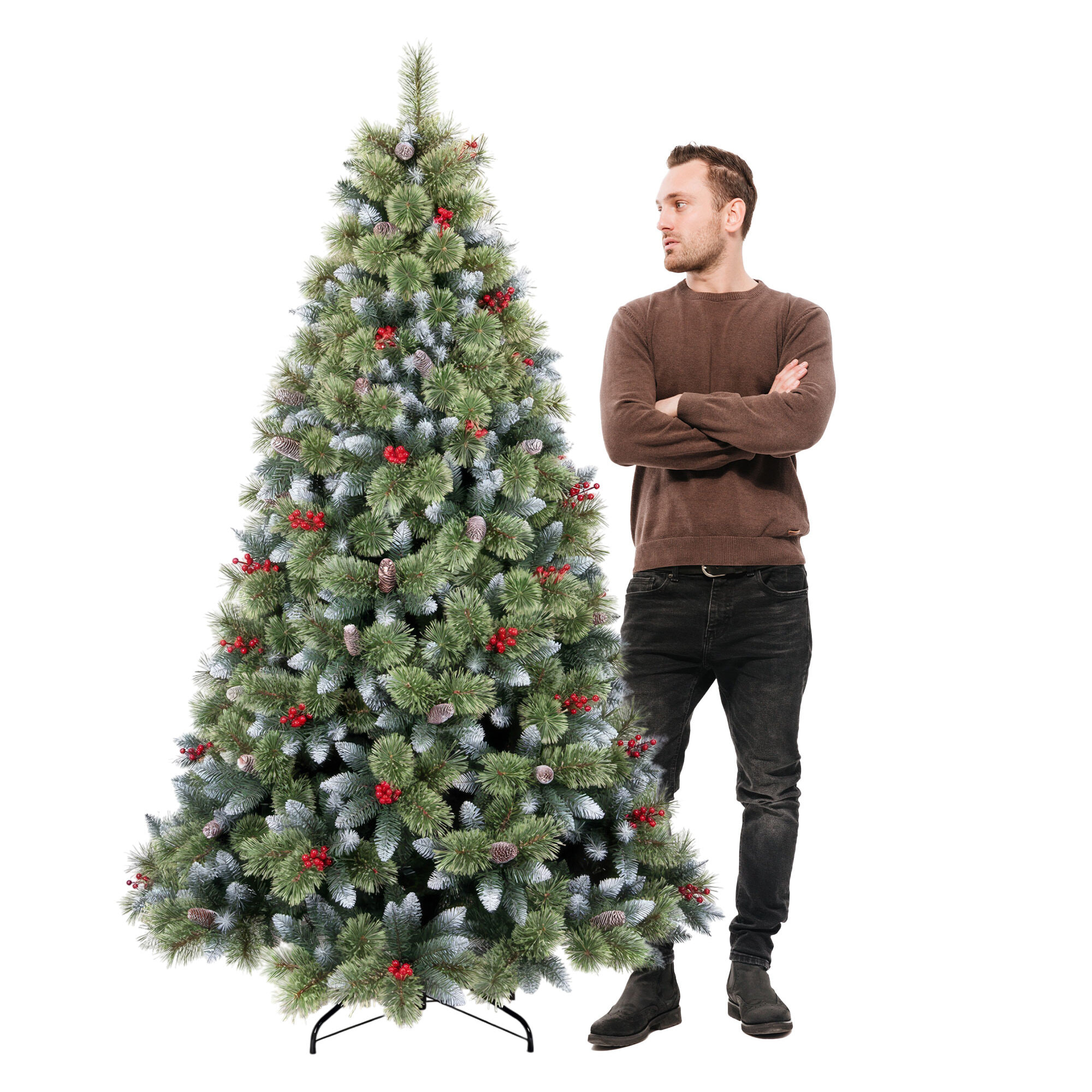 Cortina - Albero di Natale Innevato in PVC e PP con Pigne e Bacche Ø121x210H, 1348 Punte