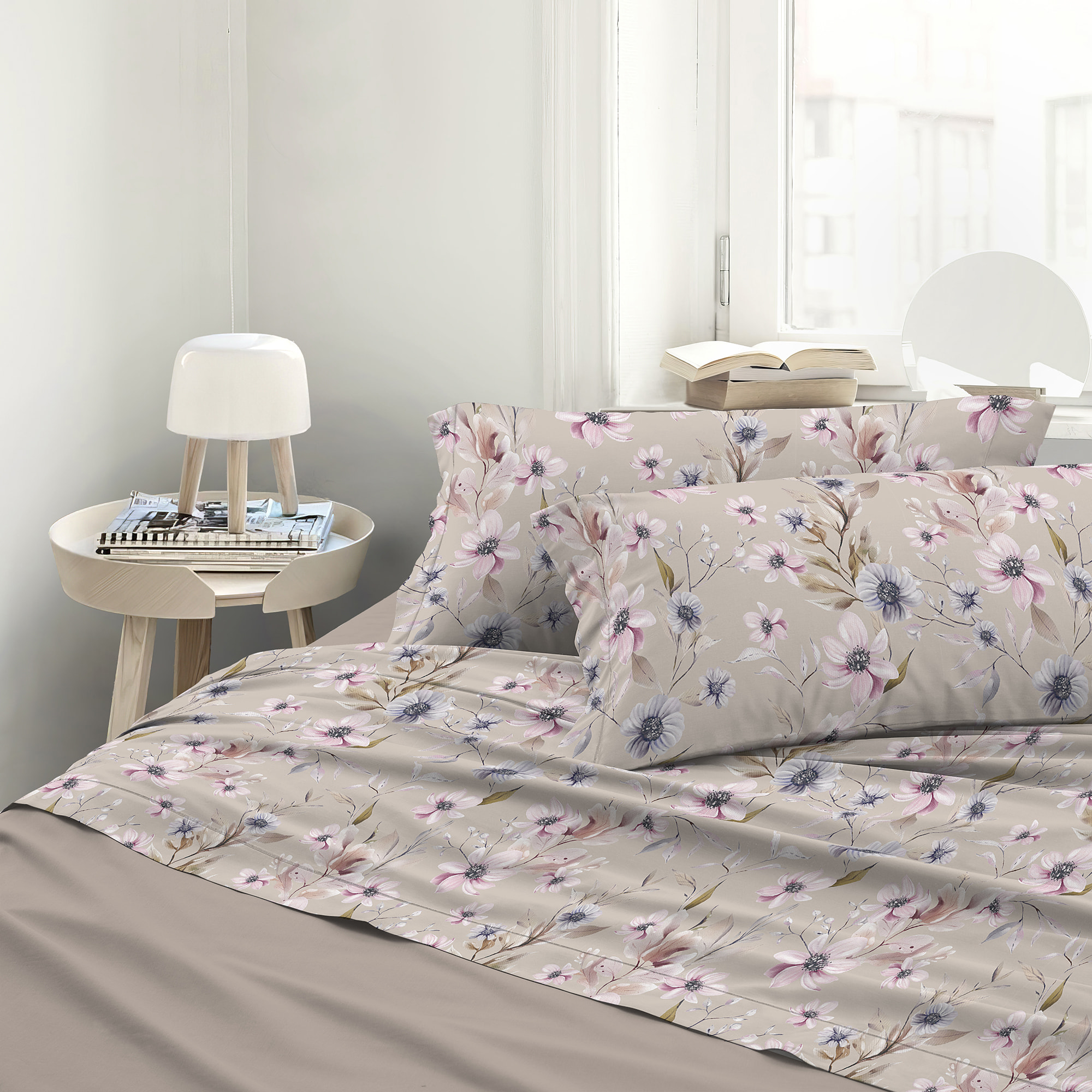 Completo letto matrimoniale in raso stampato Artemisia