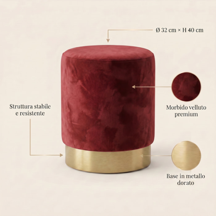 Pouf cilindrico in velluto con base dorata, sgabello imbottito elegante e resistente, seduta compatta salvaspazio, ideale per salotto camera ingresso e toeletta, design moderno glamour e versatile