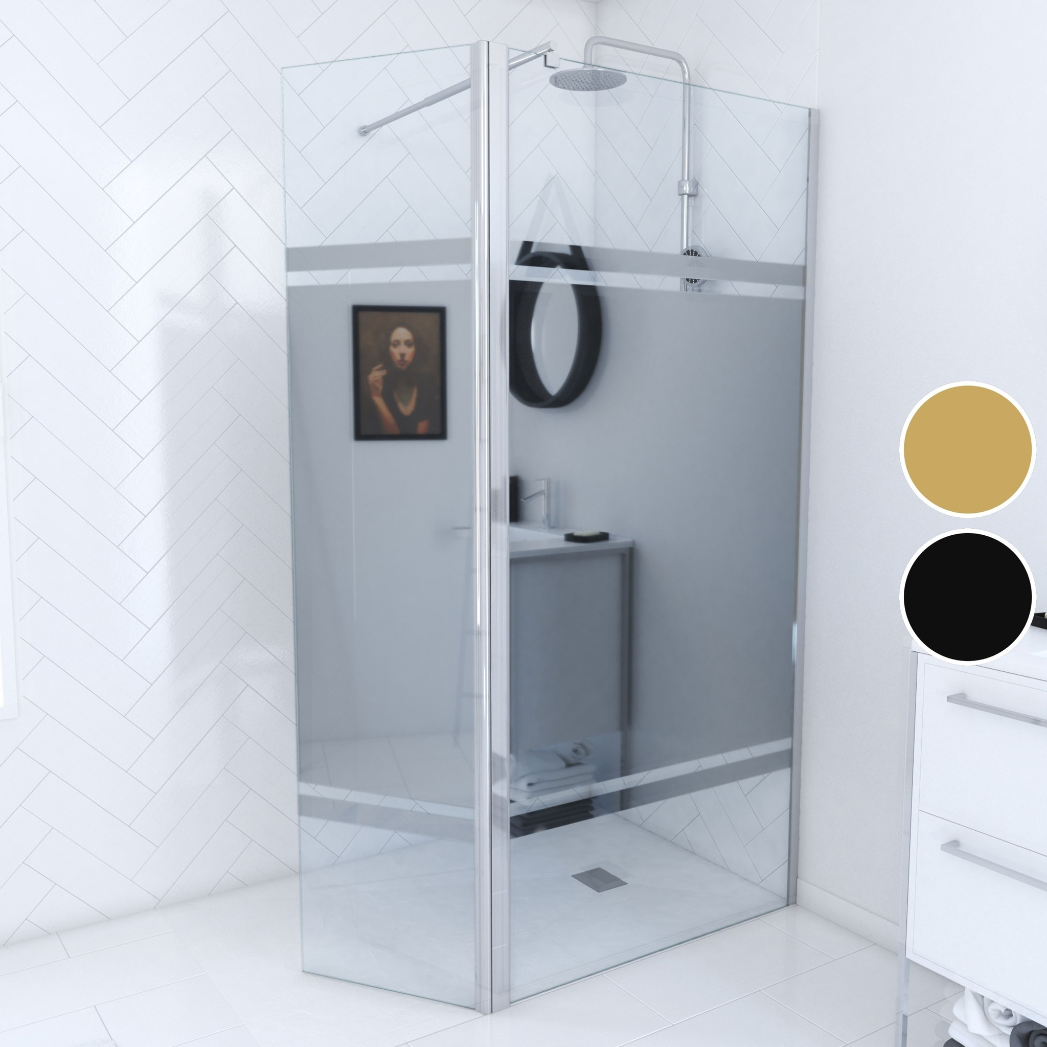 Paroi de Douche et Volet Pivotant 90+40x200 cm - Bandeau Miroir - Barre de Fixation Chrome