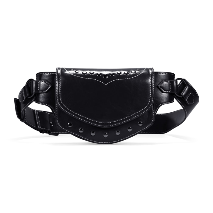 Riñonera negra con solapa y tachuelas