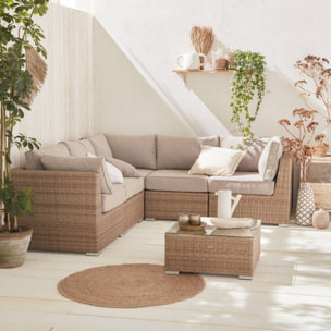 Salon de jardin Premium en résine tressée arrondie – VITTORIA – Résine naturelle style osier. coussins beiges – 5 places. haut de gamme