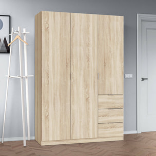Guardaroba 3 ante Ade, Armadio per camera da letto 3 cassetti, Mobile con 3 ripiani e barra appendiabiti, 135x52h200 cm, Rovere