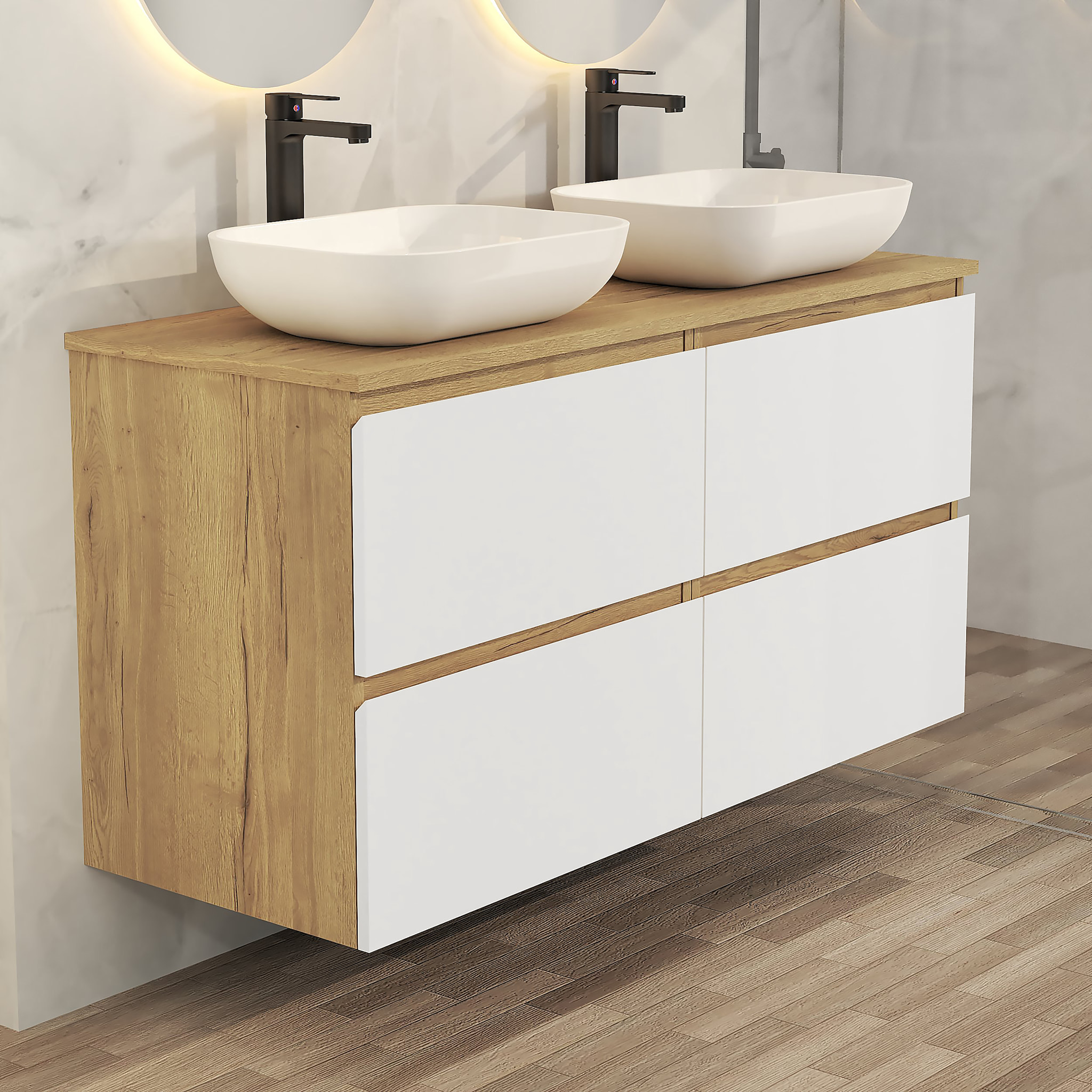CONJUNTO DE BAÑO NIA | MUEBLE SUSPENDIDO | 140 CM BLANCO | CUATRO CAJONES | LAVABO SOBRE ENCIMERA | NO INCLUYE ESPEJO | MUEBLE MONTADO| ALDAY