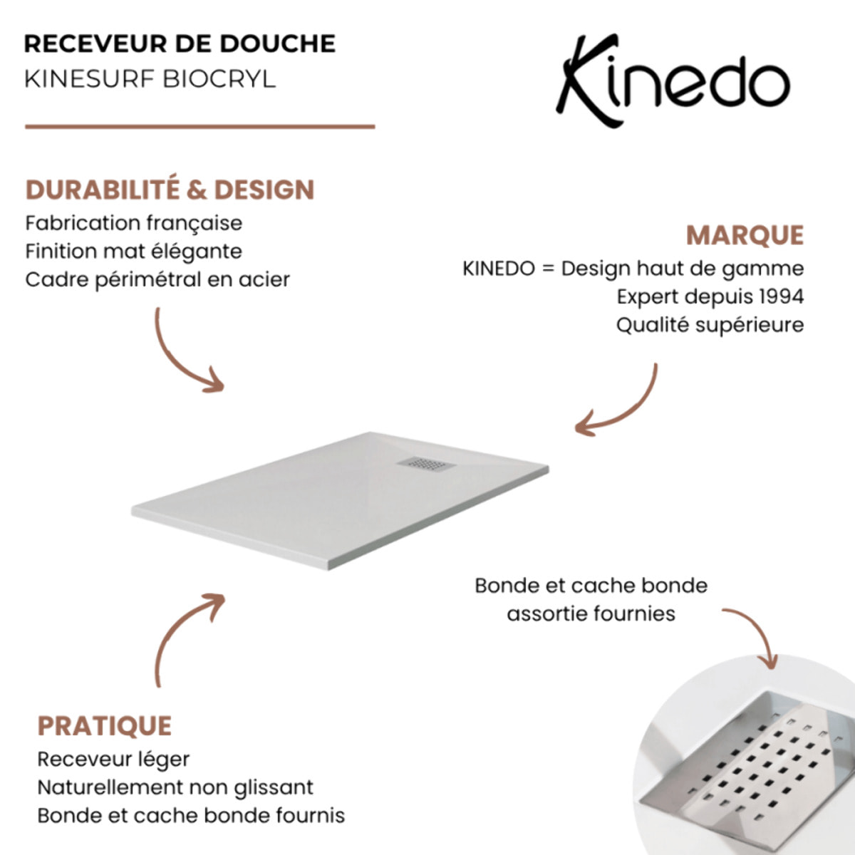 Receveur KINEDO Kinesurf biocryl 160 x 90 cm avec bonde centrée sur la largeur