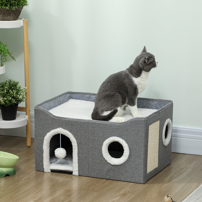 Casa para Gatos Plegable, Cama para Gatos con Rascador, 3 Entradas, Bola Colgante, Cojín Reversible en Felpa y Tipo Lino, para Interior, 60x40X34 cm, Gris