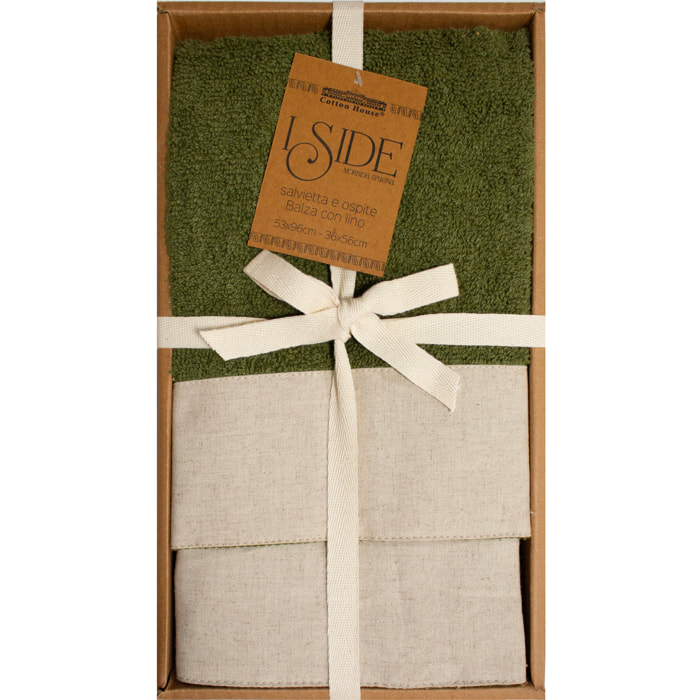 SET VISO E MANI SPUGNA VERDE OLIVA CON BALZA IN LINO