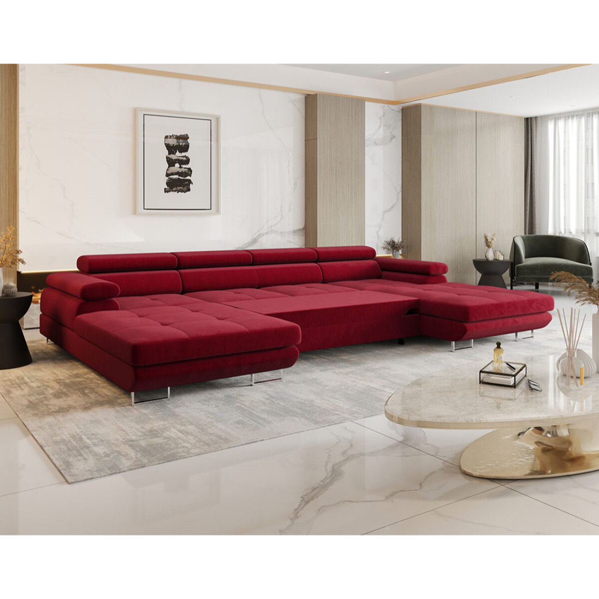 Ayden - Canapé panoramique en U 7 places convertible avec coffre et têtières réglables en tissu - Prune