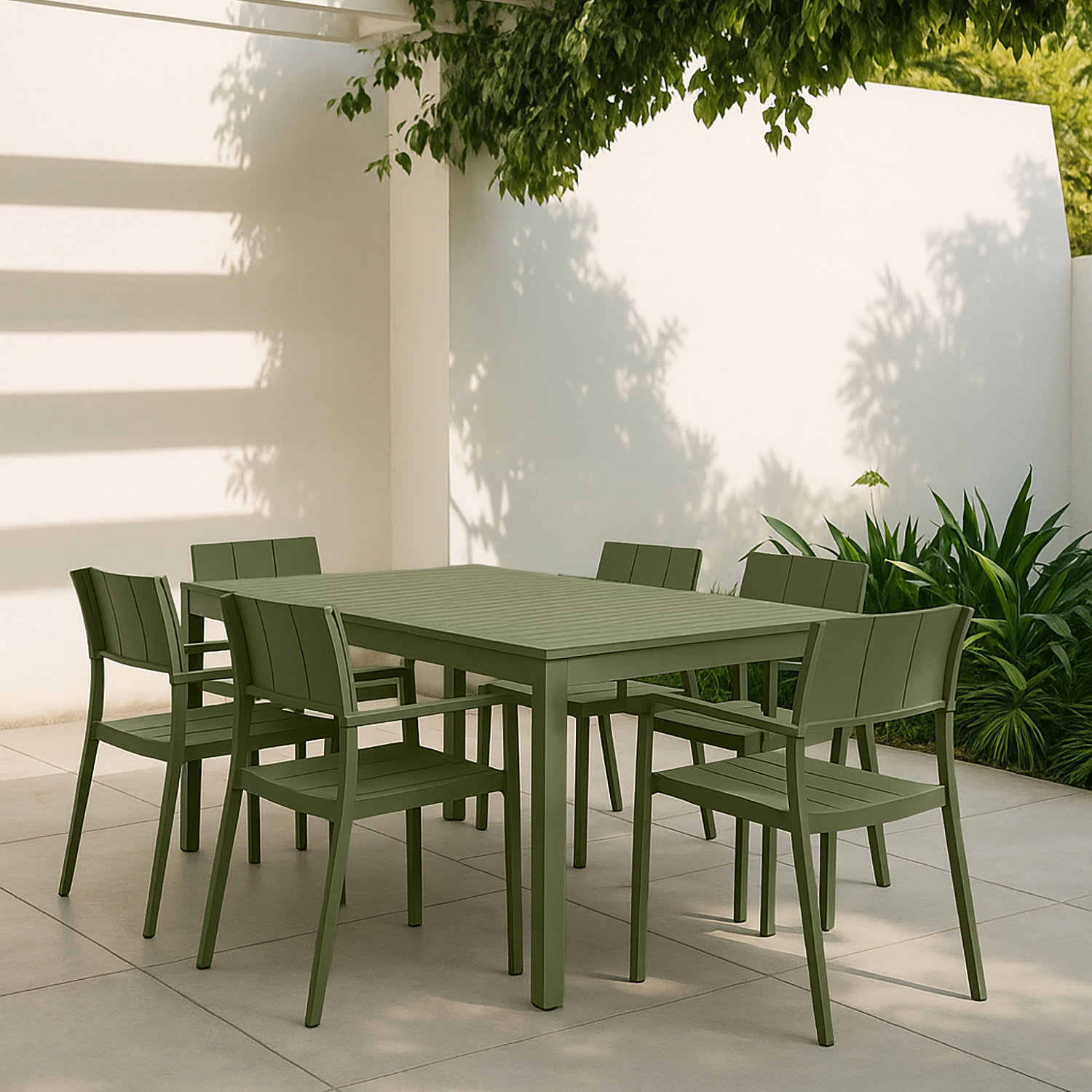 Ensemble de jardin table et fauteuils en polypropylène vert 6 places PATIO