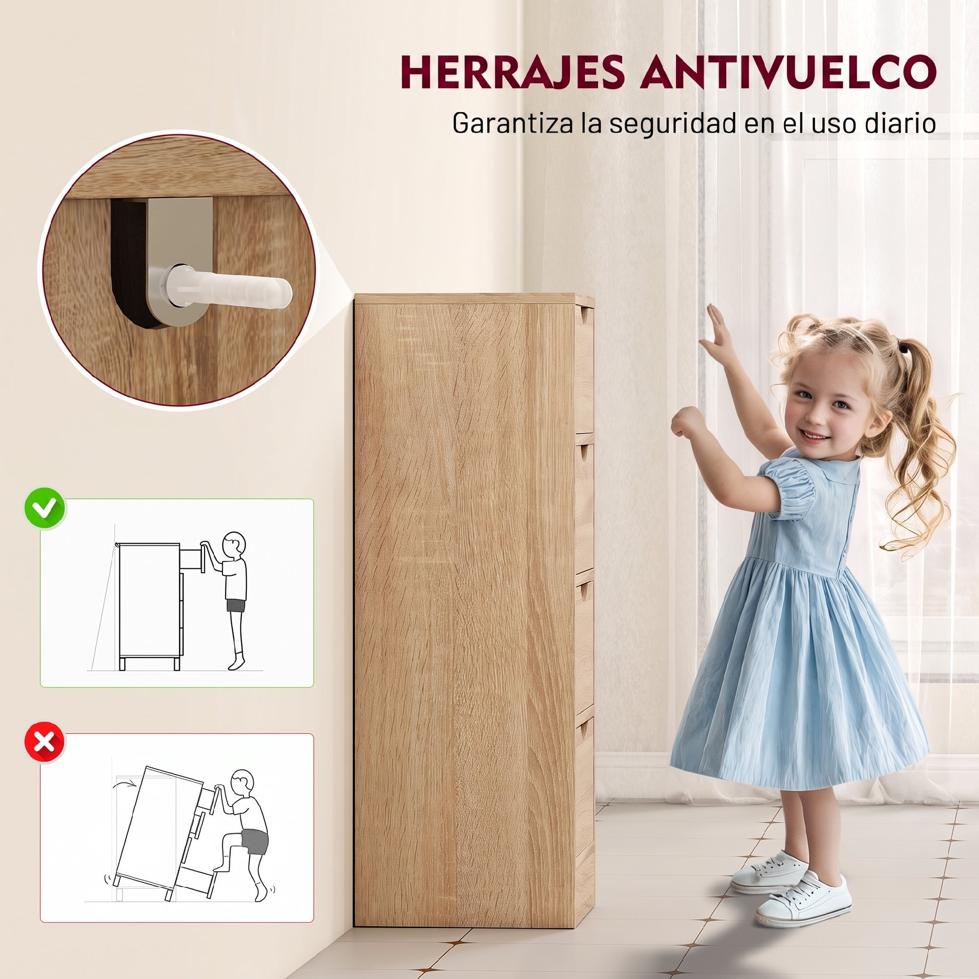 Armario de Baño Estrecho, Mueble Auxiliar de Baño con 4 Cajones y Asas Ranuradas, para Espacios Reducidos, 29x29x83 cm, Madera Natural