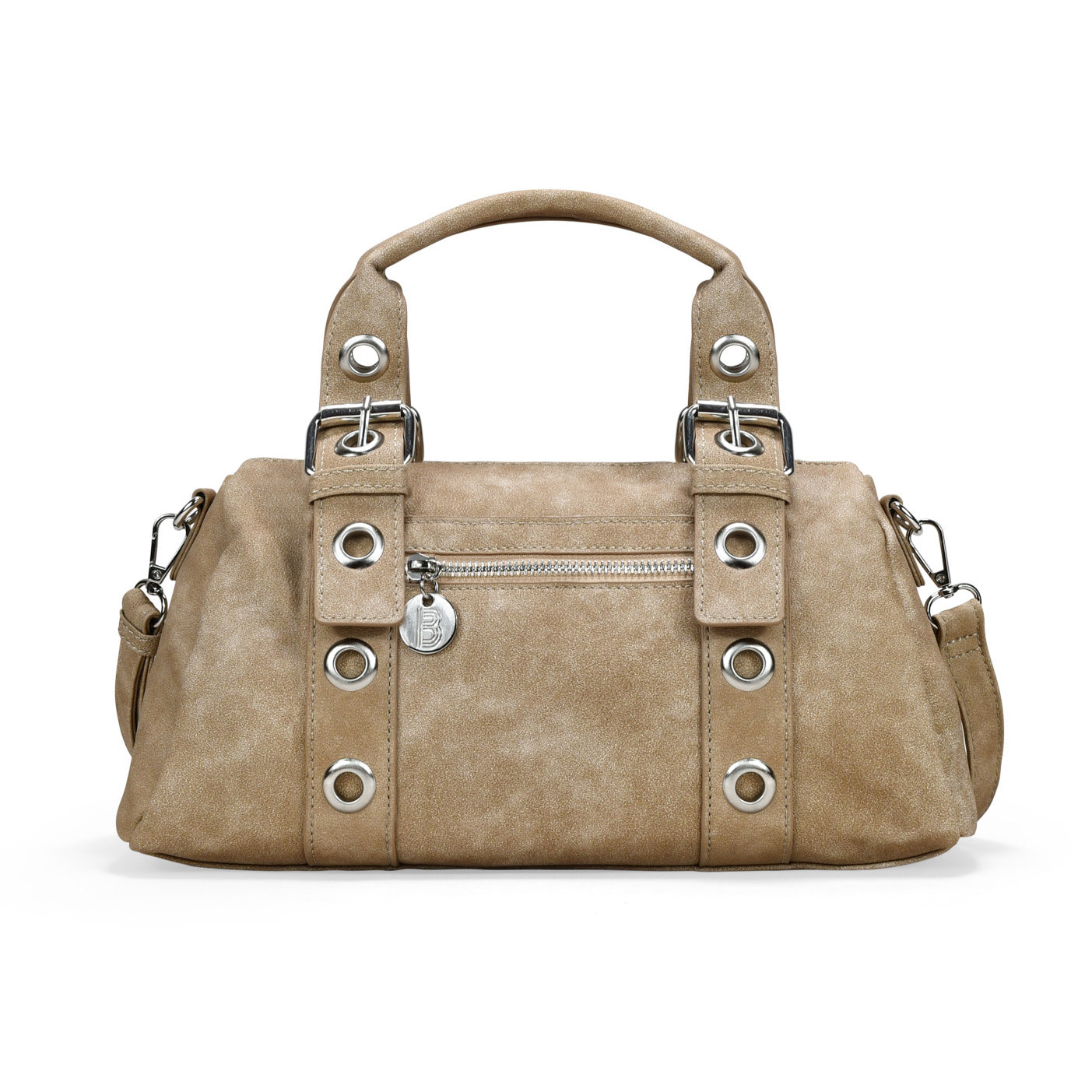 Bolso de mano arena con hebillas y tachuelas redondas
