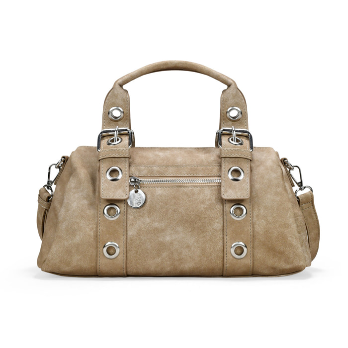 Bolso de mano arena con hebillas y tachuelas redondas