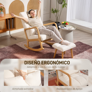 Silla Mecedora con Reposapiés, Sillón de Relax Tapizado en Bouclé con Cojín Acolchado, Respaldo Ergonómico, Reposabrazos y Patas de Madera, Carga 120 kg, para Salón, Dormitorio, Blanco