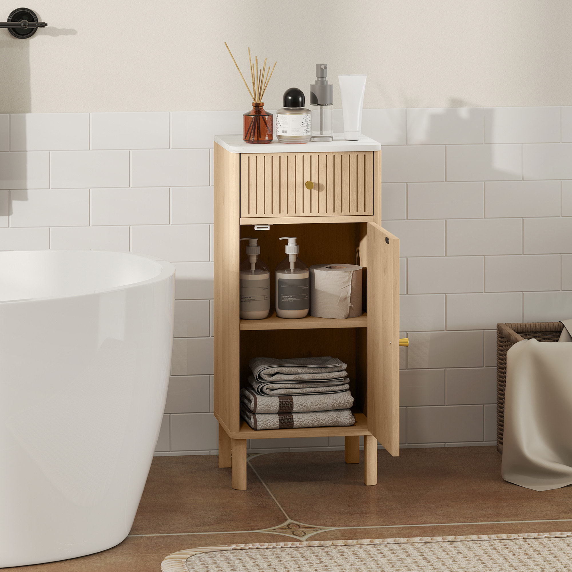 Meuble bas salle de bain style bois naturel plateau effet marbre blanc porte étagère tiroir