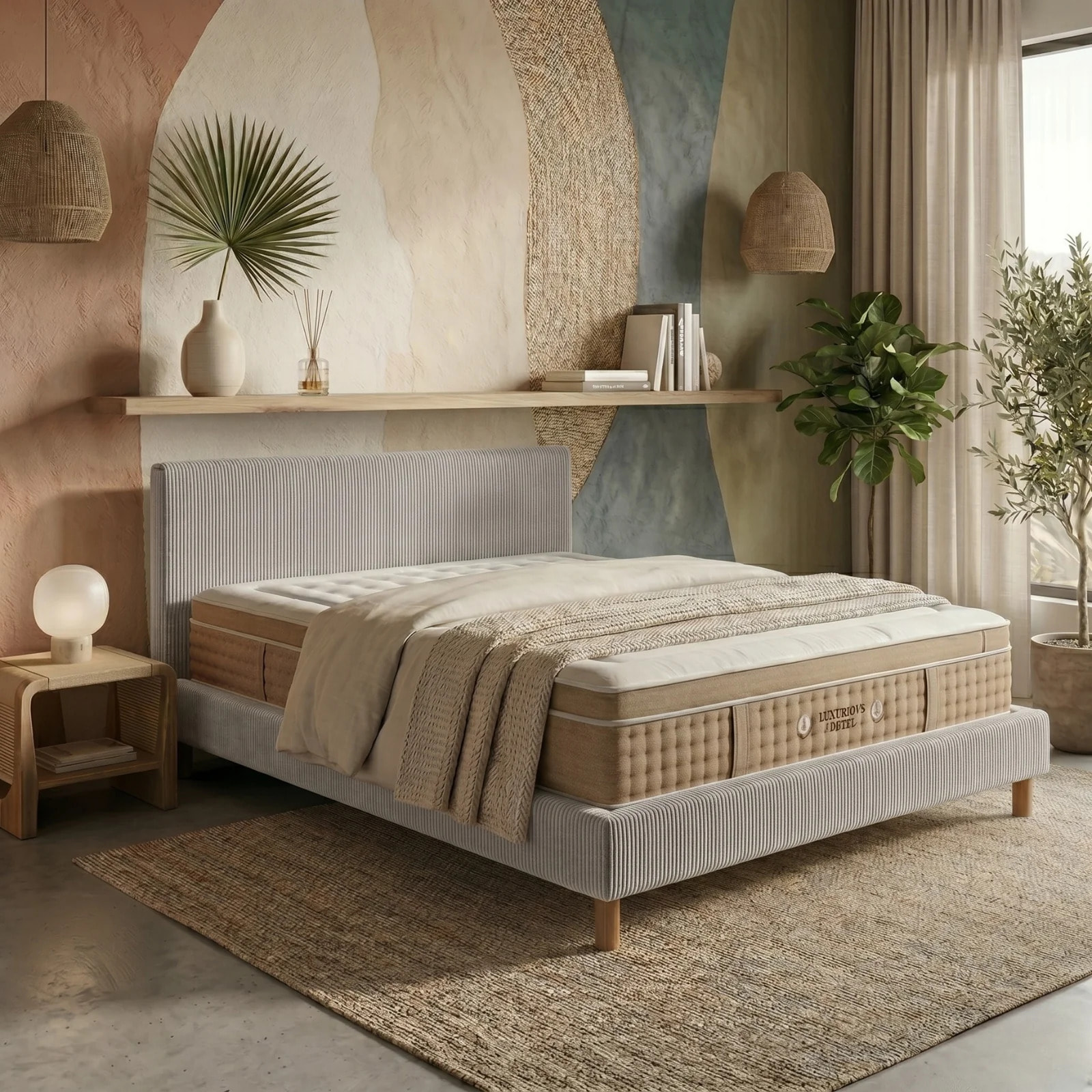 Ensemble matelas Bali & lit fixe Colisée | Mémoire de forme et ressorts ensachés | cadre à lattes | Bouclette | Olive