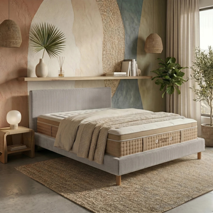 Ensemble matelas Bali & lit fixe Colisée | Mémoire de forme et ressorts ensachés | cadre à lattes | Bouclette | Olive