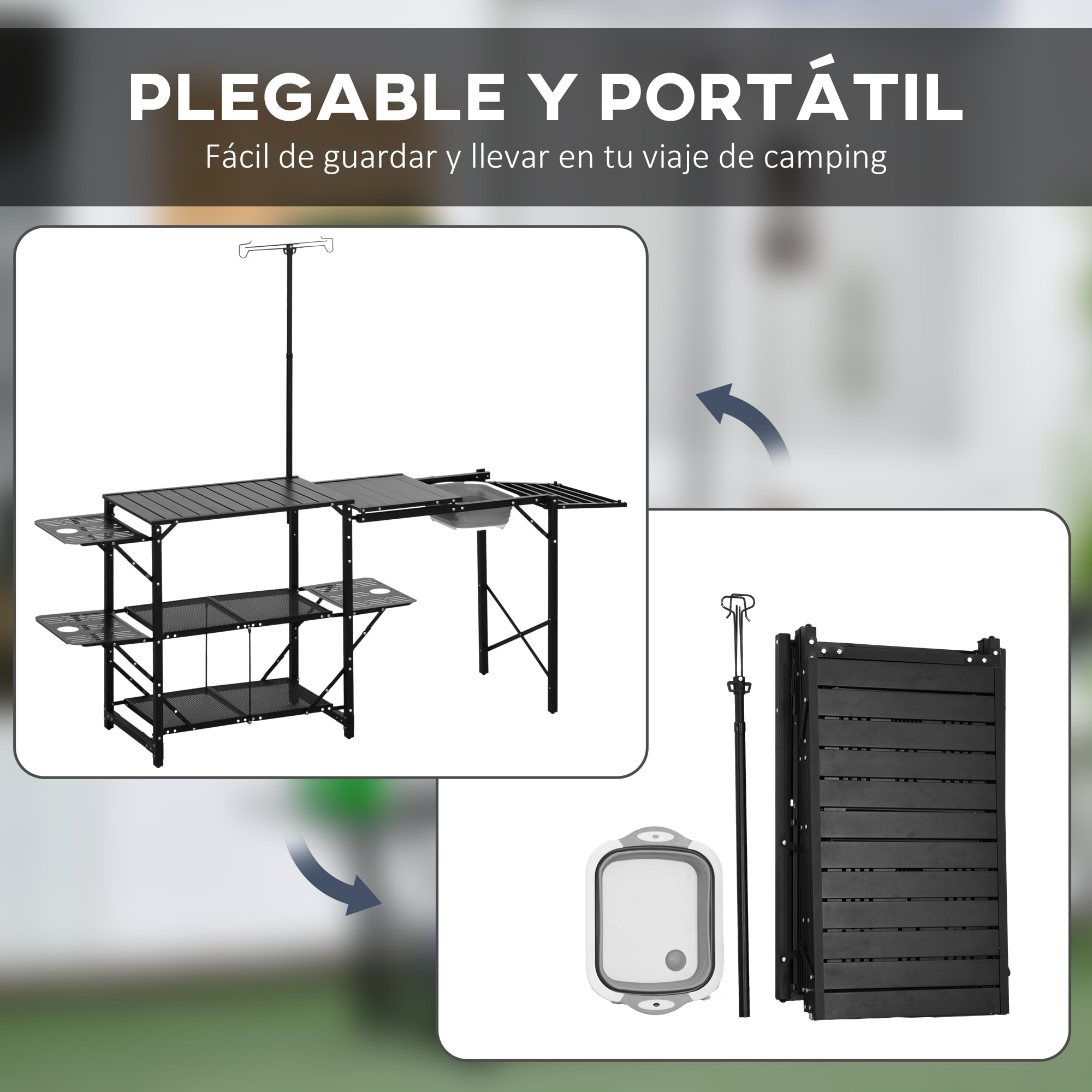 Mesa de Cocina de Camping de 3 Niveles Mesa de Camping Plegable Portátil con Estantes de Almacenaje Fregadero Soporte para Lámpara y Bolsa de Transporte para Exterior 173x52x80-174 cm Negro