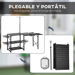 Mesa de Cocina de Camping de 3 Niveles Mesa de Camping Plegable Portátil con Estantes de Almacenaje Fregadero Soporte para Lámpara y Bolsa de Transporte para Exterior 173x52x80-174 cm Negro