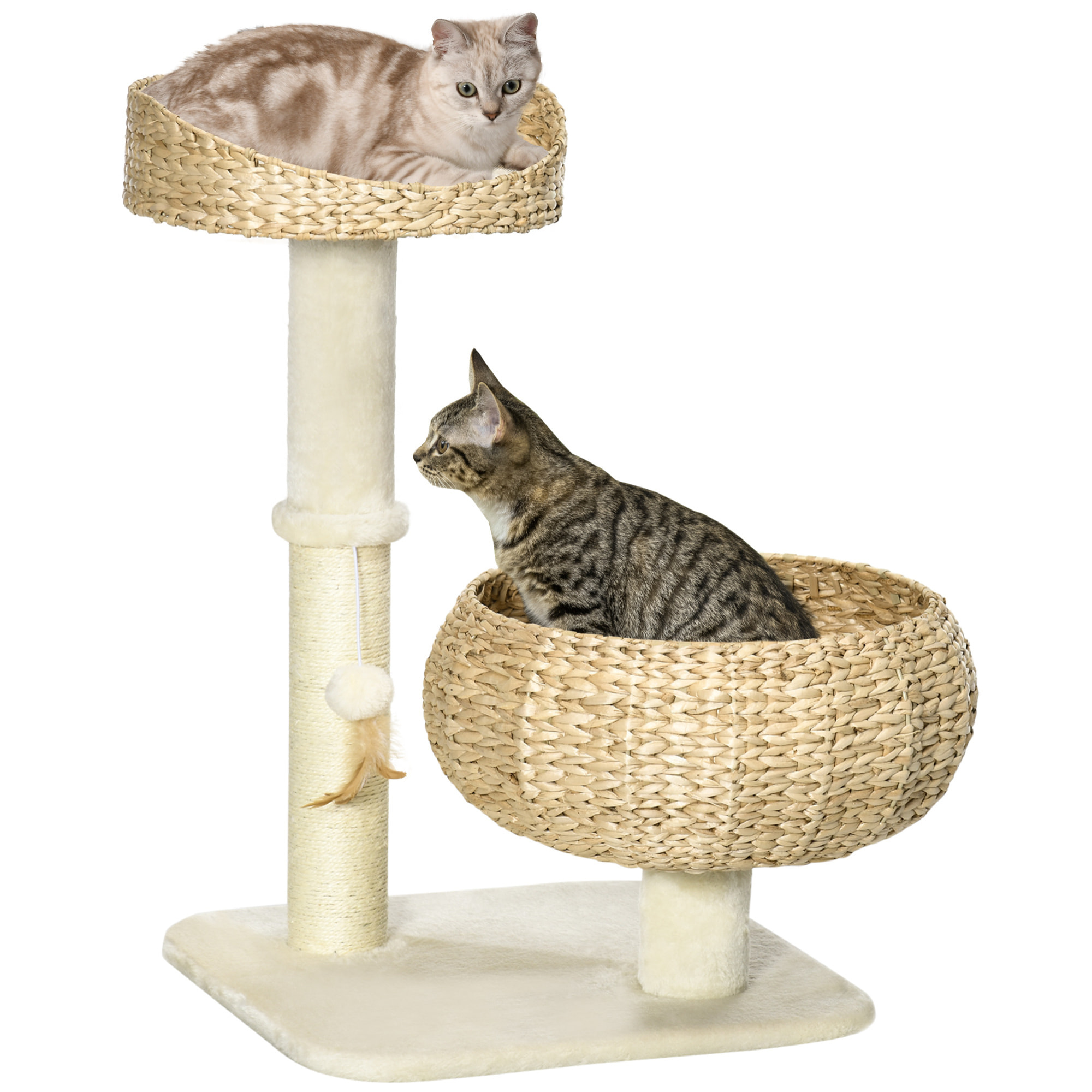 Arbre à chat griffoir 2 niveaux hauteur 72 cm poteau sisal avec niche et plate-forme 1 balle suspendue beige