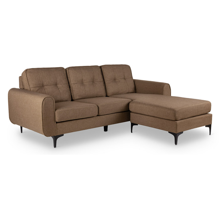 Sofa chaiselongue de 3 plazas tapizado marrón, mueble salon comedor