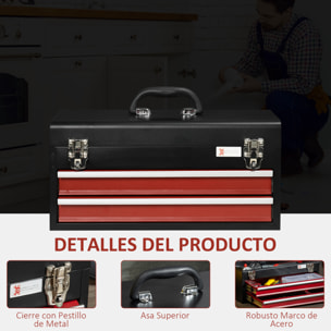 Caja de Herramientas de Acero con 2 Cajones Tapa Abatible Bandeja Superior Cierres Metálicos y Asa Maletín de Herramientas Portátil para Taller Bricolaje Hogar 46x24x22 cm Negro