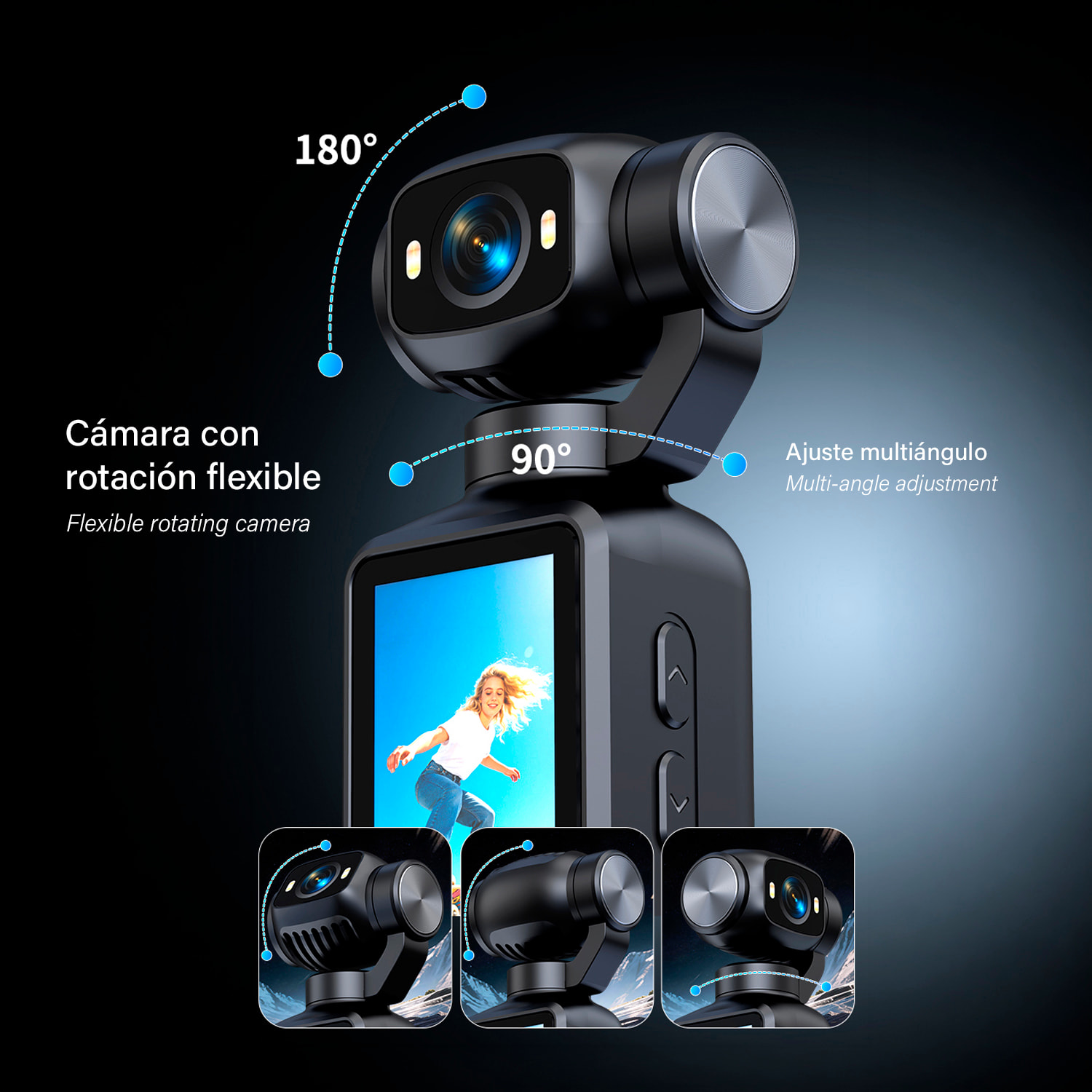 Cámara deportiva LK-032 de 48MPX con giro 180°, pantalla HD 1,97” ideal para fotos y vídeos en FHD, con grabación en ciclo y linterna. Incluye trípode y lanyard de muñeca.