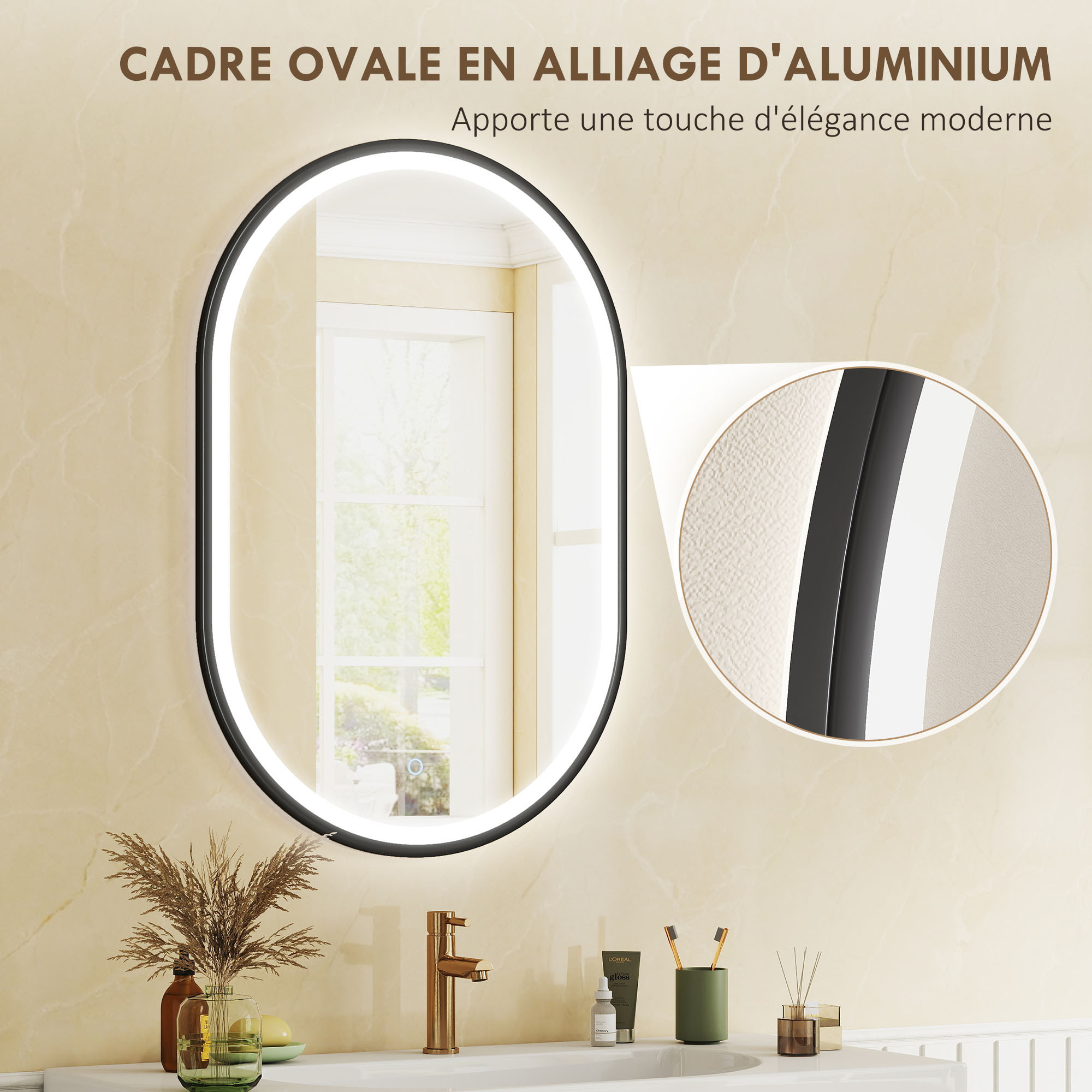 Miroir salle de bain LED design ovale 50 x 70 cm anti-buée dimmable tactile réglable verre trempé alu noir