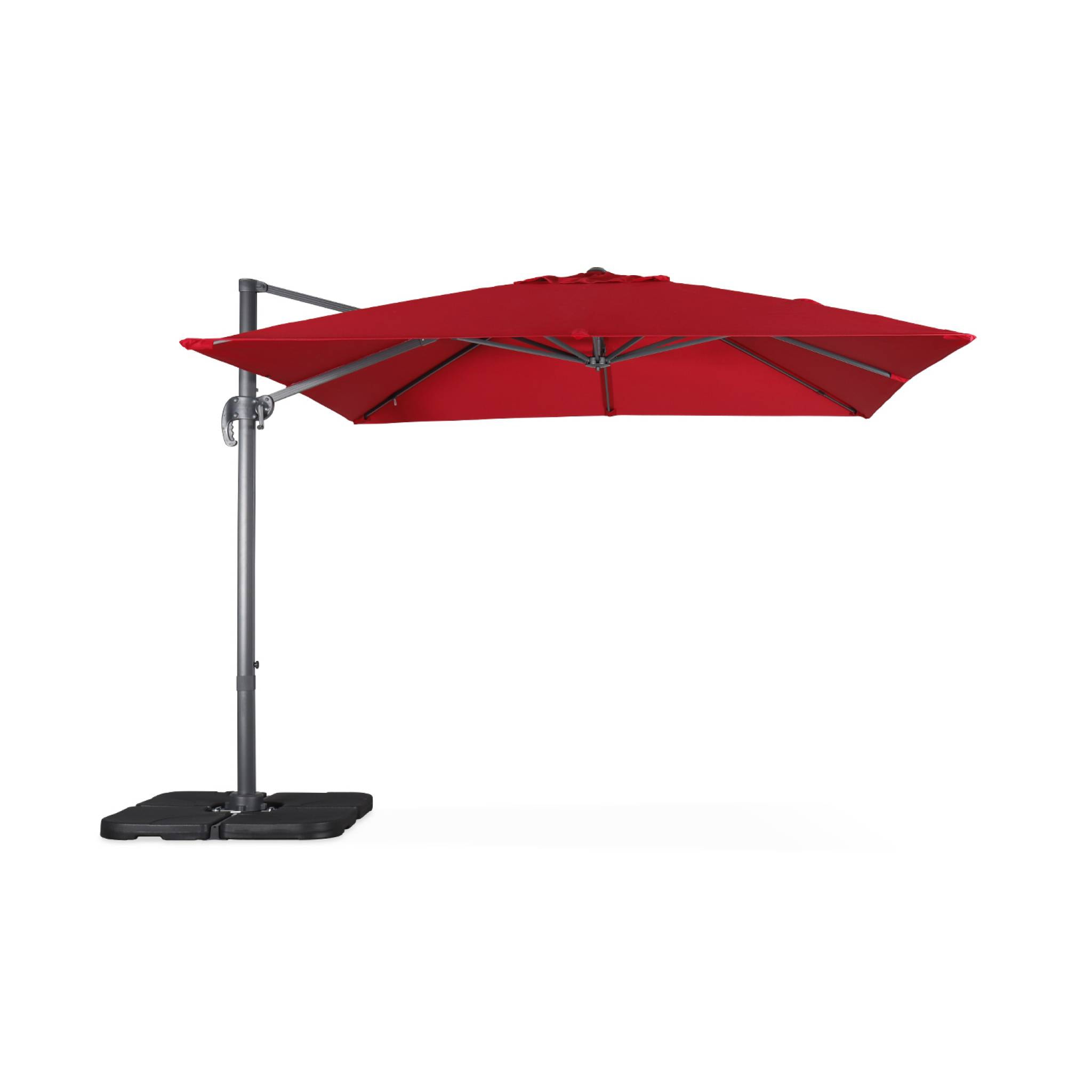 Parasol déporté carré rouge 3x3m structure grise + Lot de 4 dalles à lester 50x50cm