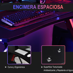 HOMCOM Mesa Gaming 120x66x76 cm con Luz LED RGB y Control Remoto Escritorio Gaming Desk con Portavasos Gancho para Auriculares Soporte para Mandos Gamepad Fibra de Carbono Negro y Rojo