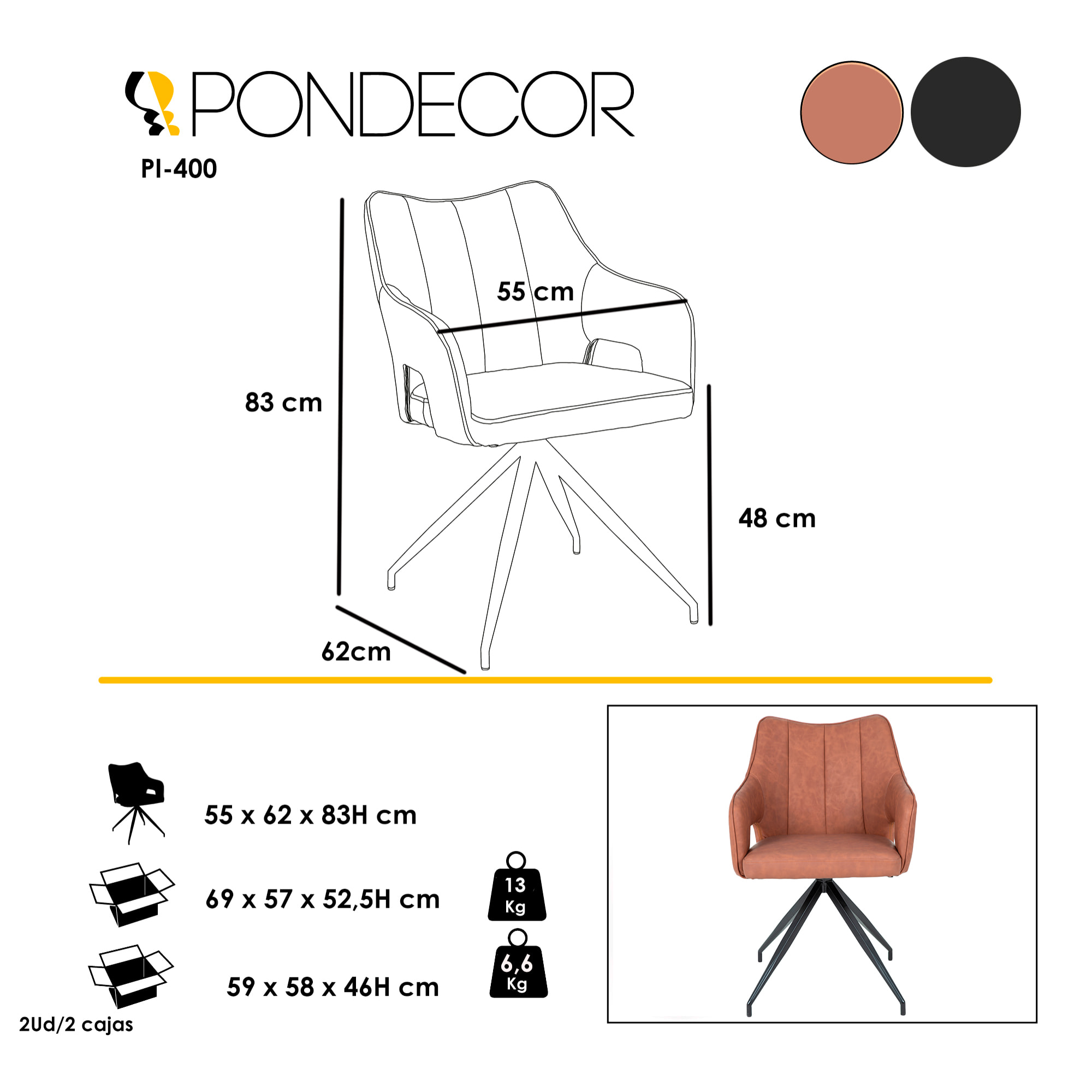 Set de 2 butacas – Polipiel marrón y patas negras