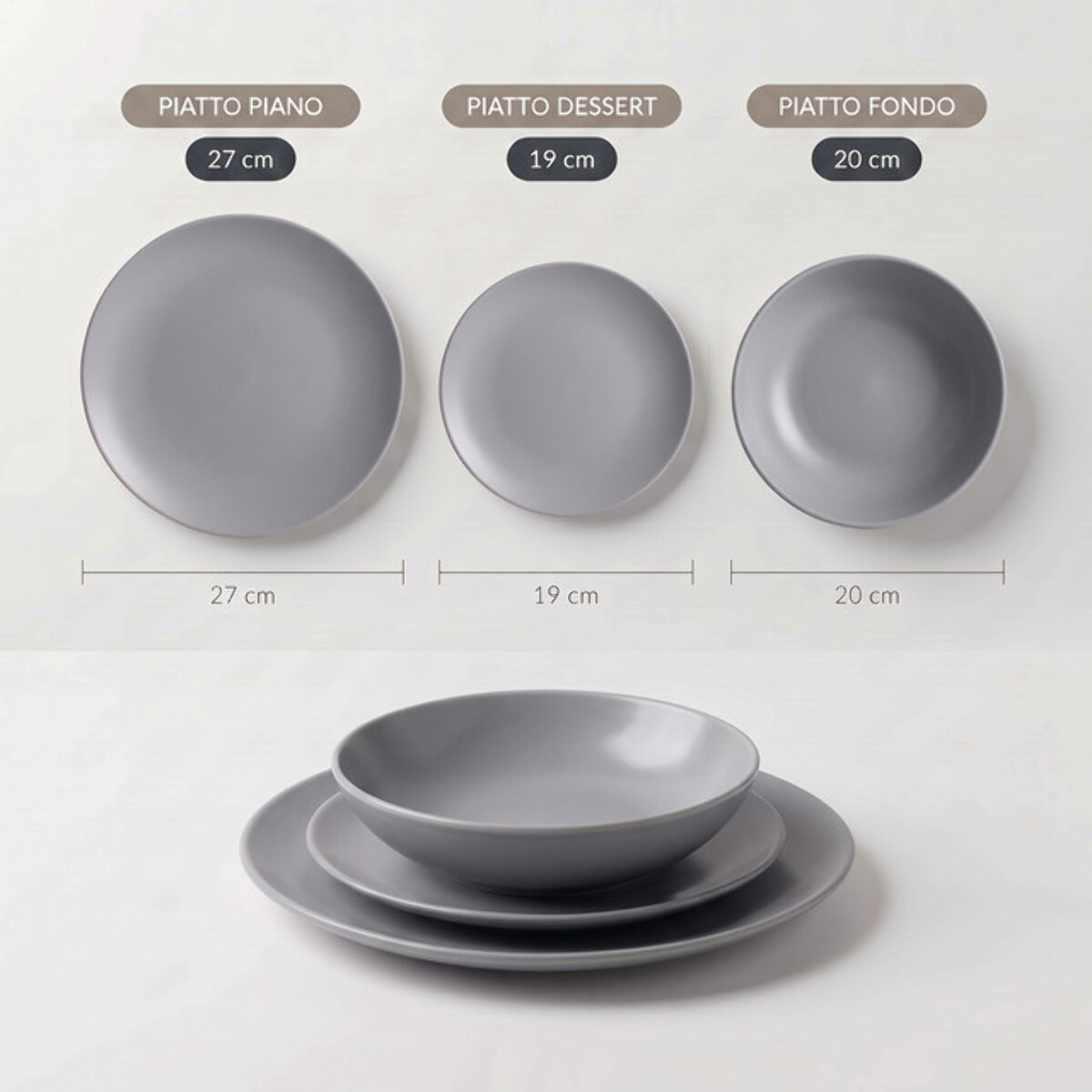 Servizio piatti 18 pezzi in ceramica - GRIGIO
