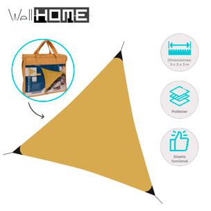 Triángulo de tela para sombra en poliéster amarillo ocre ganchos de metal y bolsa con cremallera