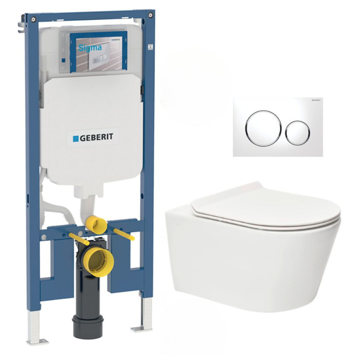 Pack WC sans bride Brevis, fixations invisibles + Abattant slim softclose + Bâti Geberit Extra-plat UP720 + Plaque blanc/chromé