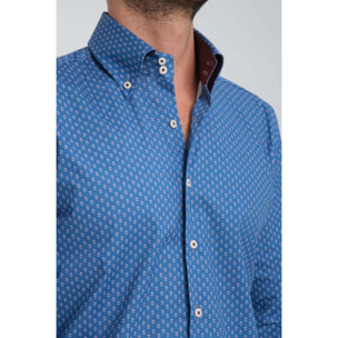 Camicia Uomo 2 Bottoni Button Down Slim Popeline Stretch Stampato Avion e Bianco
