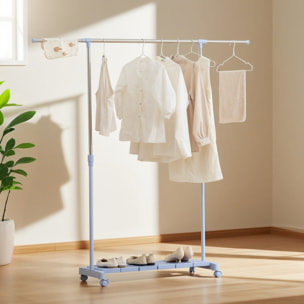 Tendedero Extensible con Ruedas, Tendedero de Ropa con Barra de Acero Inoxidable y Estante para Zapatos, Altura Ajustable, para Interior, Azul y Plata