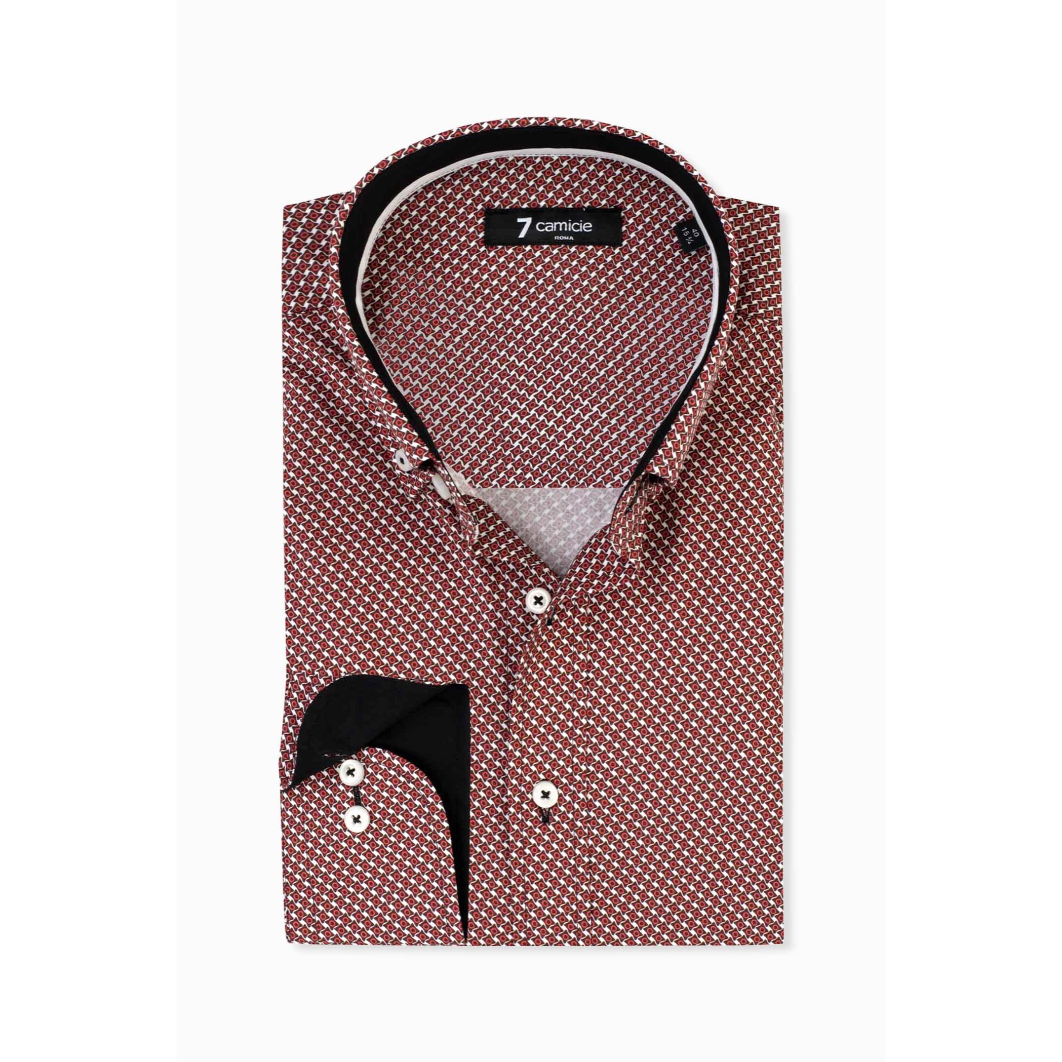 camicia uomo 1 bottone button down slim Popeline Stampato Bordeaux e Panna
