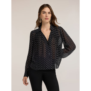 Motivi - Camicia in georgette a pois con plissé - Nero