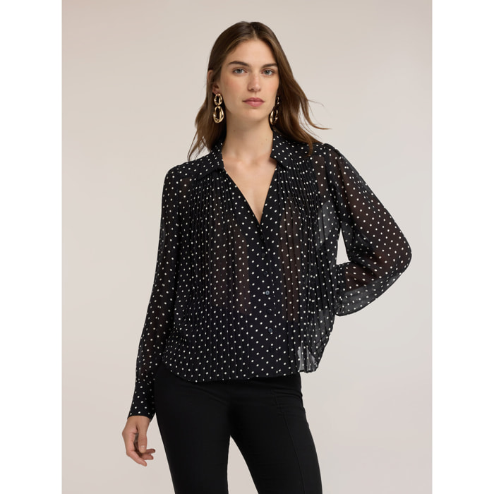 Motivi - Camicia in georgette a pois con plissé - Nero
