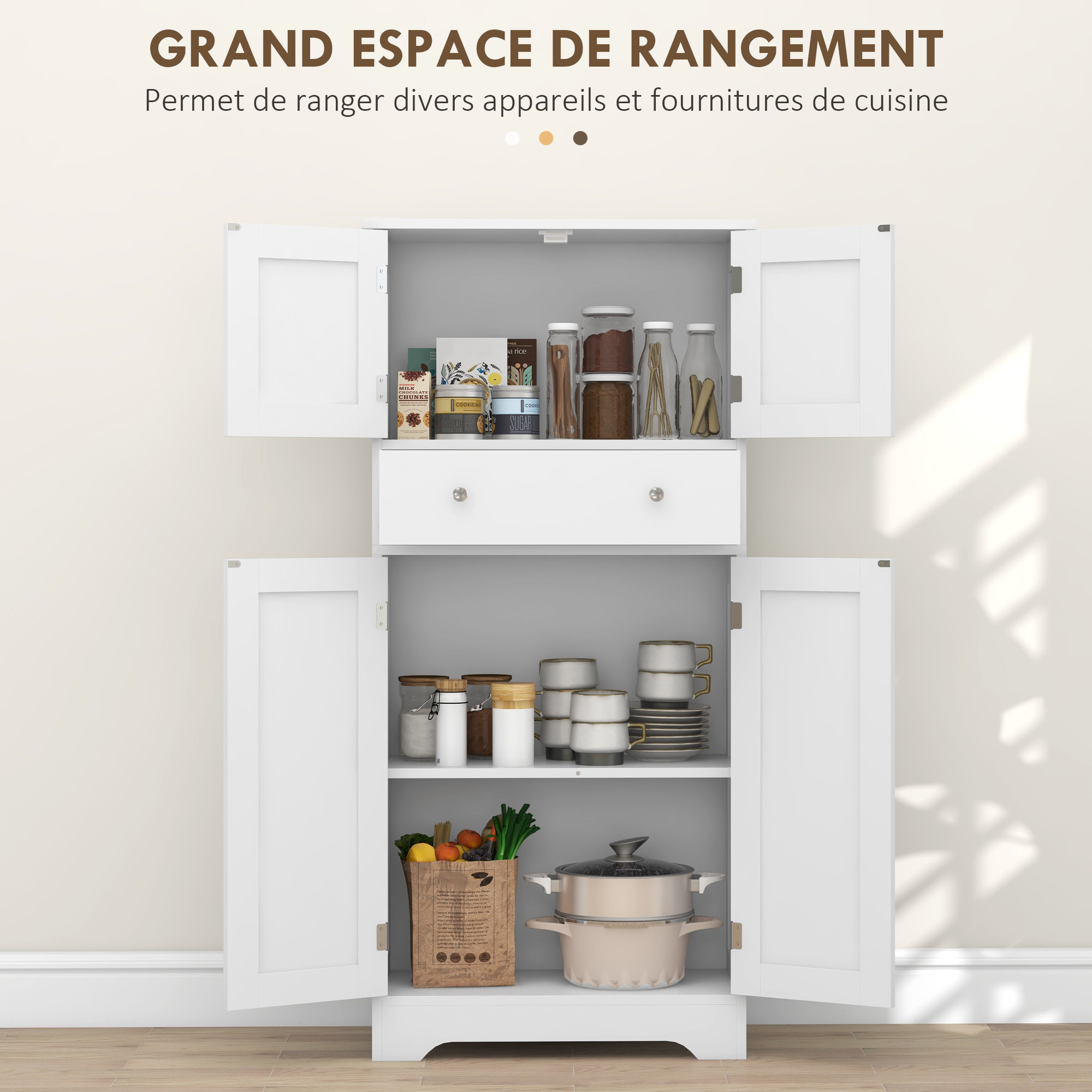 Armoire buffet cuisine - 4 portes, étagère, tiroir - dim. 60 x 30 x 128 cm - blanc
