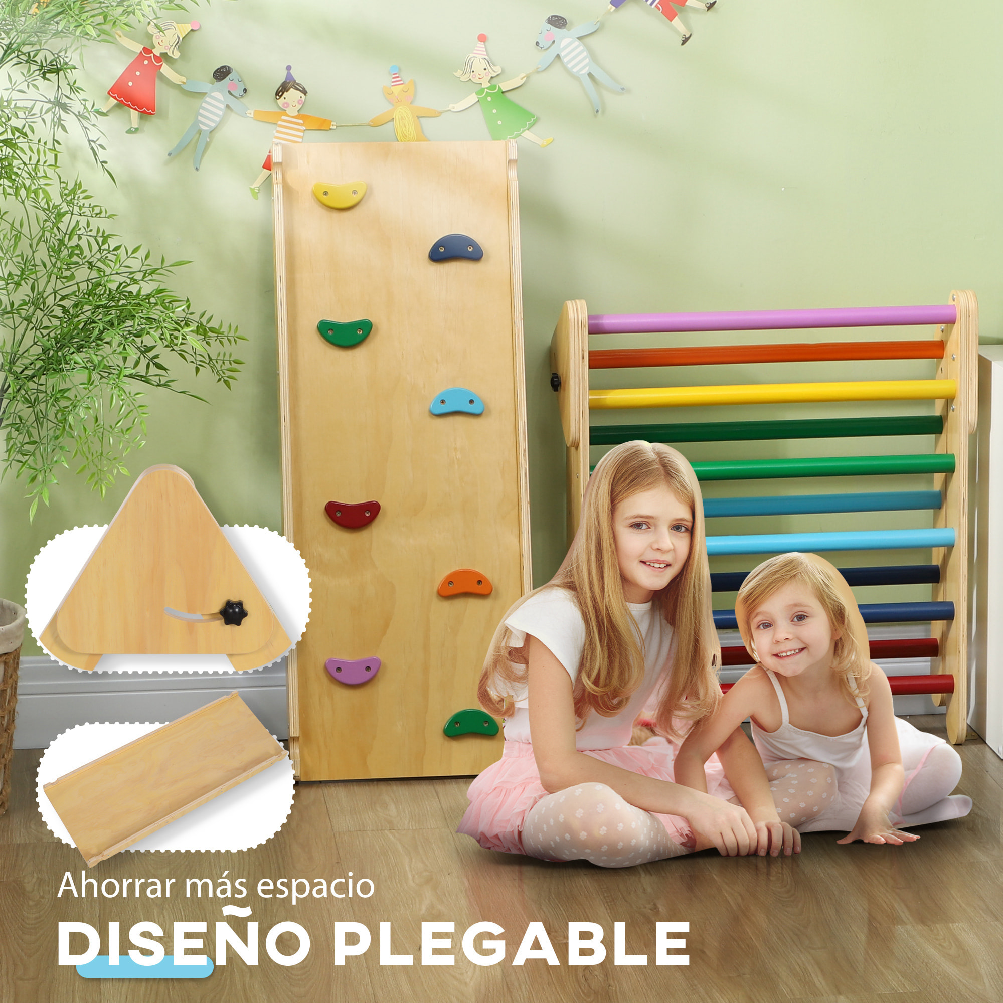 3 en 1 Triángulo de Escalada Montessori, Escalada para Niños de Madera Plegable, para18-48 Meses, con Rampa, para Deslizarse o Escalar, 147x64,5 cm, Multicolor