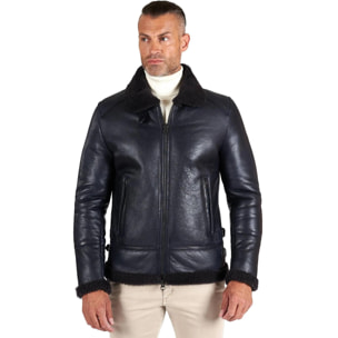 Montone blu Shearling biker uomo collo camicia con fibbia