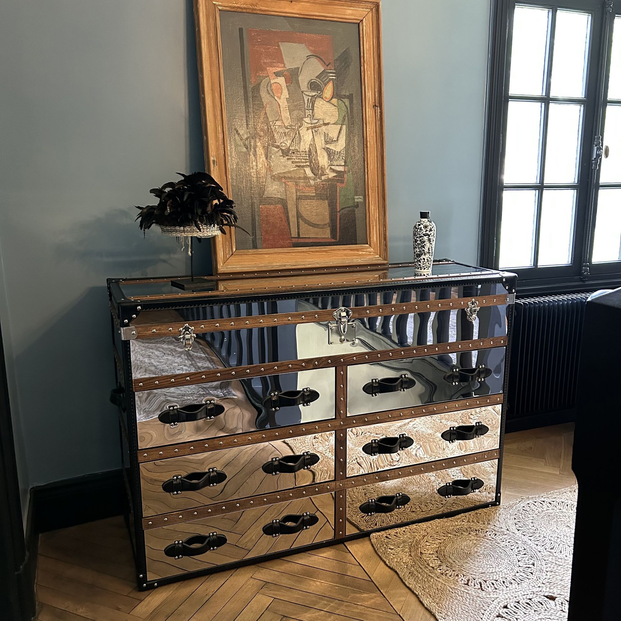 Commode 6 tiroirs en acier inoxydable et cuir  ILLIADE