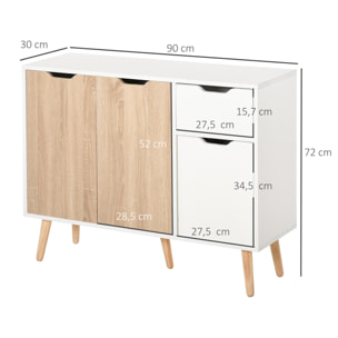 Buffet design scandinave 2 placards tiroir coulissant pieds bois massif pin panneaux particules blanc chêne clair